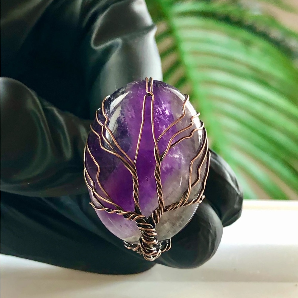 AMETHYST TREE OF LIFE ADJUSTABLE BRONZE RING FESTIVAL CRYSTAL BOHEMIAN STATEMENT